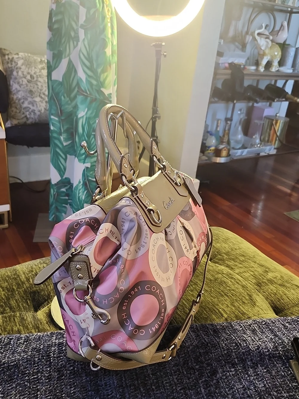 Coach Ashley Snaphead Satchel W/Pink & Olive Circle-Print Satin & Patent Trim - Picture 4 of 16